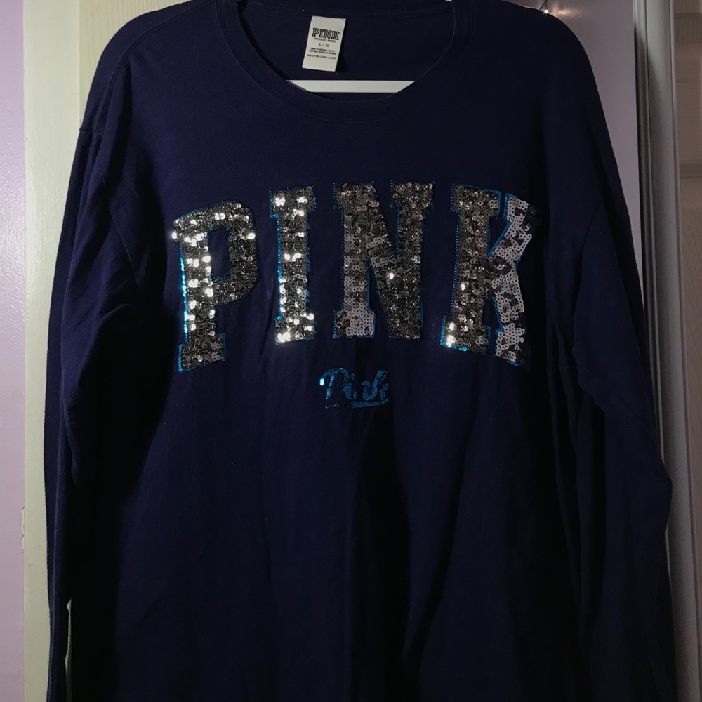 PINK Blue Long Sleeve with Sequin Letters